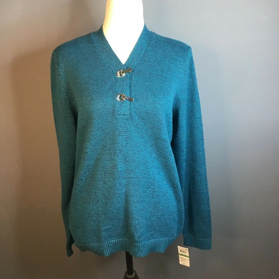 Karen Scott Women's Marled Henley Cotton V-Neck Long-Sleeve Relaxed Fit Sweater - Imagem 1 de 4