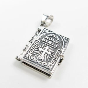 925 Sterling Silver Lord's Prayer Holy Bible Open Pages Locket Charm Pendant - Picture 1 of 11