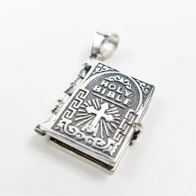 925 Sterling Silver Lord's Prayer Holy Bible Open Pages Locket Charm Pendant - Image 1 of 4