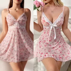 Women's Sexy Nightgown V Neck Sleeveless See Through Sleepwear Lace Sleep Dress - Picture 1 of 315