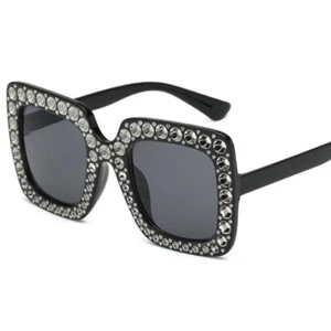 Diamond Frame Glasses Square Sunglasses Sunglasses Black Frame & Lens - Picture 1 of 6