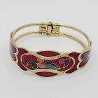 Vintage Cloisonné Bangle Bracelet with Hinge Gold and Red Floral Fits 6.75"