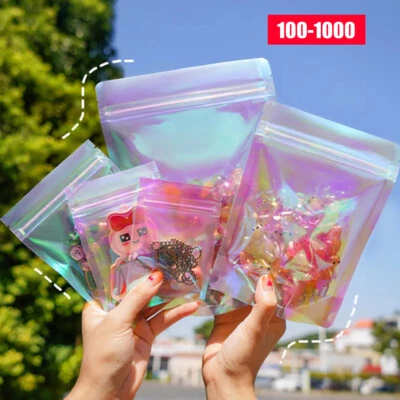 100-1000pcs Holographic Rainbow Zip Lock Seal Bags Mylar Foil Bag Pouches