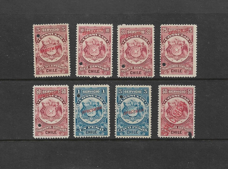 Estampillas de ingresos de Chile: estampillas del servicio consular de 1907; 8 diferentes Muestras ABNCo Foto 1 de 1