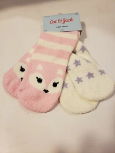 CAT & JACK Girls' 2-Pack Cozy Socks PINK/WHITE STRIPE FOX & WHITE/PURPLE STARS S - Picture 1 of 10