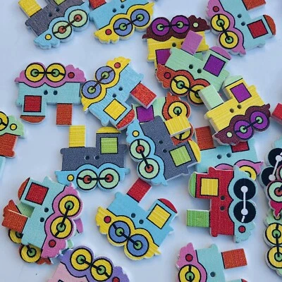 12X Kids Buttons Mixed 24x22mm Colourful Wooden Train Two Hole Craft Button - Image 1 of 3
