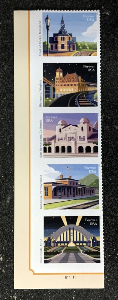 2023USA #5758-5762 Forever Historic Railroad Stations - LL Plate Strip of 5 Mint - Image 1 of 1