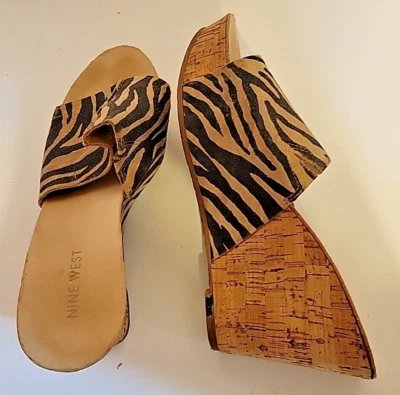 Pre-owned NINE WEST  Leather ZEBRA STRIPE OPEN TOE WEDGES PLATFORM SHOES Size 8M - Image 1 of 4