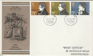 GB Sello Oficina de Correos FDC Aniversarios Literarios 1971 Chesterfield CDS - Imagen 1 de 1