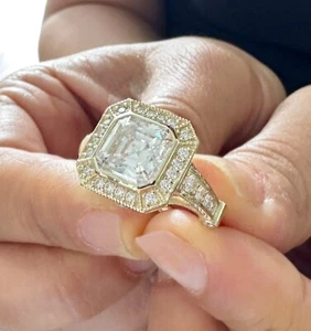 Asscher Diamond Engagement Ring Bezel Halo IGI Certified 14k Yellow Gold 4.60ctw - Picture 1 of 15