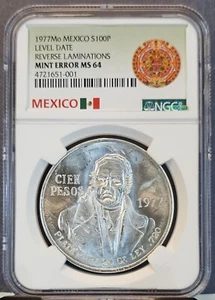 1977 MEXICO SILVER 100 PESOS LEVEL DATE NGC MS 64 MINT ERROR REVERSE LAMINATIONS - Picture 1 of 3