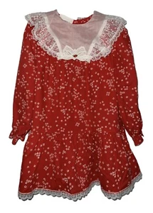 Vintage 70s Traci Lynn California Floral Red Girls LS Dress with Lace Collar 6 - Picture 1 of 5