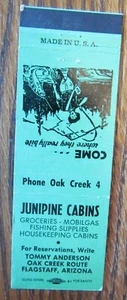 JUNIPINE CABINS & MOBIL STAZIONE DI SERVIZIO LIBRO FIAMMIFERI COPERTINA: FLAGSTAFF, ARIZONA E15 - Foto 1 di 2