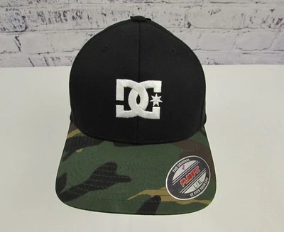 Mens DC SHOES FLEXFIT Fitted Camo Bill Black/ White Logo Hat Size L/XL NWT. - Image 1 of 4