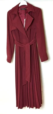 Karen Millen Merlot Wine Pleated Midi Belted Trench Coat Dress S UK 8 10 US4 6 - Image 1 of 4