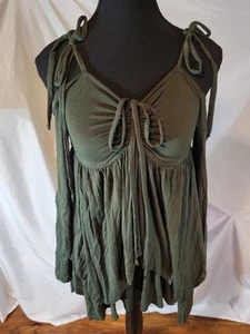 Thorn & Fable Olive Green Hanky Hem  Cold Shoulder Dress Size Small - Picture 1 of 6