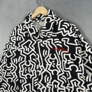 H&M X Keith Haring Chore Jacket Mens Large Black White Patterned Twill Shacket - Picture 1 of 16