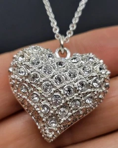 Sparkly Hollow Heart Pendant Glass Rhinestones On New Silver-tone 44cm Necklace - Picture 1 of 15