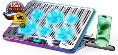 Refrigerador para computadora portátil para juegos RGB de aleación de aluminio con 6 ventiladores y pantalla LCD - 10 modos RGB Foto 1 de 4