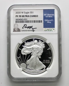 2020-W PROOF SILVER EAGLE NGC PF70 ULTRA CAMEO EDMUND MOY HAND SIGNED BLUE LABEL - Picture 1 of 2
