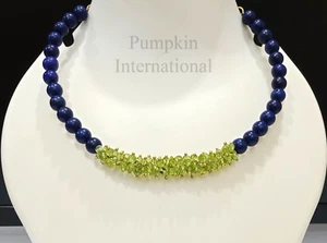 Natural Peridot & Lapis Lazuli Choker Necklace , Gold Plated Chain Necklace - Picture 1 of 7