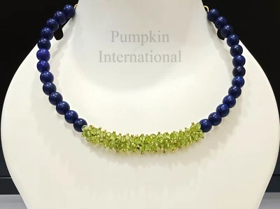 Natural Peridot & Lapis Lazuli Choker Necklace , Gold Plated Chain Necklace - Image 1 of 4