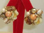 Vintage Unusal Faux Pearl Glass Bead Cluster Clip On Earrings Beige Brown Tones