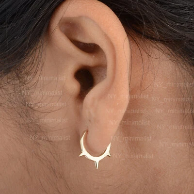 14K Solid Yellow Gold Triple Spikes Huggie Hoop Minimalist Delicate Earrings - Image 1 of 4