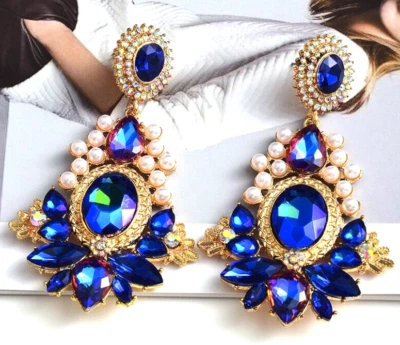 Big Gorgeous CHANDELIER Royal Blue Rhinestone Pearl Betsey Johnson Drag Earrings - Image 1 of 4