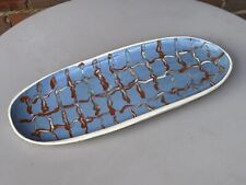 VINTAGE 1950s blue lattice check pattern glazed studio pottery dish oval platter