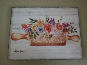 Wooden Kitchen Picture "Made With Love" Flower Rolling Pin 8.5" X 6.5" - Picture 1 of 9
