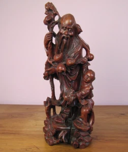 Vintage chinesische Holzschnitzerei Shou Lao Shou Xing mit Kind - Bild 1 von 18