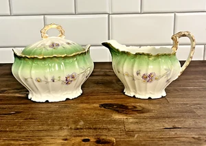 Antique 1890's Limoges France Klingenberg Dwenger AKCD Sugar w Lid & Creamer - Picture 1 of 20