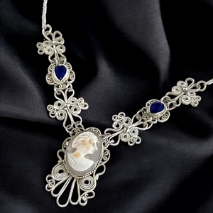 Vintage Hand Carved Cameo Necklace Filigree Victorian Revival Bezel Set Glass 9H - Bild 1 von 20