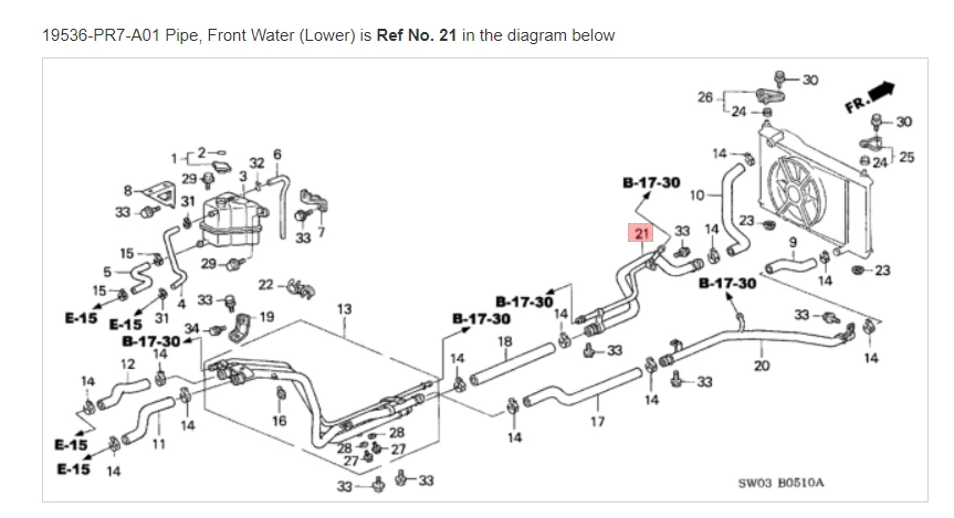 HONDA ACURA GENUINE OEM NSX Pipe, Front Water (Lower) ☆ 19536-PR7-A01 ☆ - Image 1 of 1