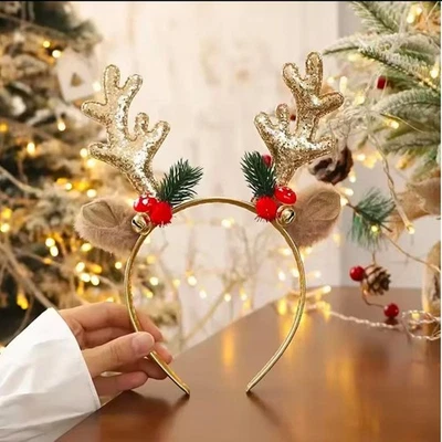 Christmas Reindeer Antlers Headband w/Ears Sequin Headwear Festive Hair Hoops