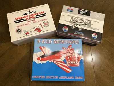 Lot of 3 Vintage Die-Cast Airplane Banks Amoco Collector Series & P-51D - Image 1 of 4