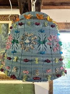 Vintage BLUE Lawnware WITH BIRDS Beaded Patio Hanging Lamp Light Camping RV - Picture 1 of 7