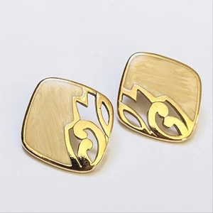 Vintage 80s Avon Art Deco Gold Tone Diamond Shape Pierced Post Earrings - Picture 1 of 4
