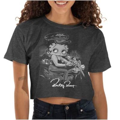 Camiseta corta Betty Boop vintage retro dibujos animados motociclista chica para mujer borde crudo Foto 1 de 4