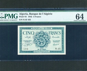 Algeria:P-91,5 Francs,1942 * PMG Ch. UNC 64 * - Picture 1 of 2