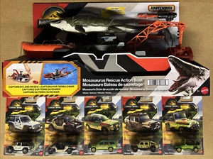 NEW 2025 Matchbox Jurassic World: Rebirth Mosasaurus Rescue Boat & 5 CARS - Picture 1 of 3