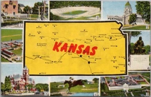 Vintage KANSAS State Map / Greetings Postcard Multi-View - KROPP Linen c1940s - Picture 1 of 2