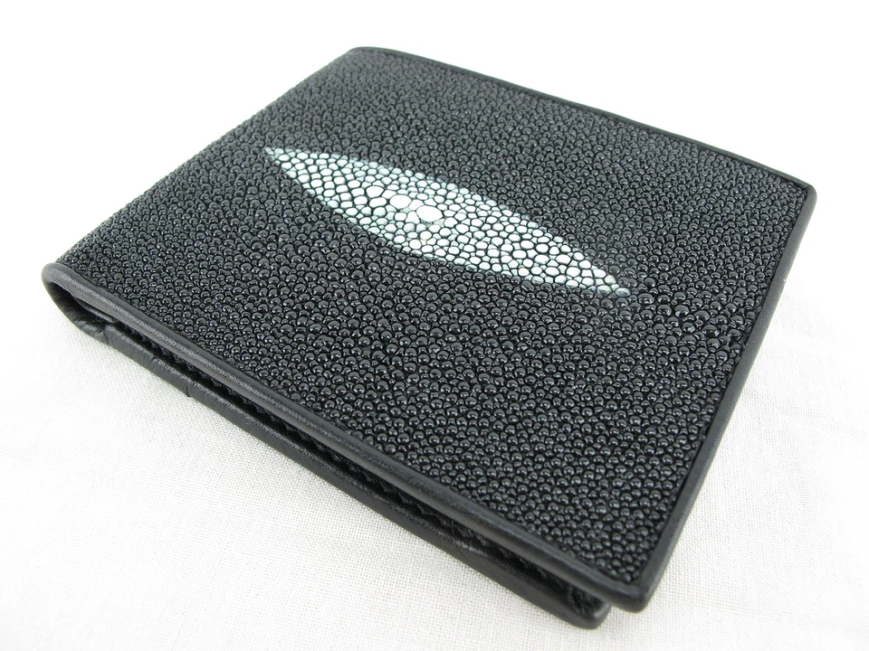 Pelgio Genuine Stingray Shagreen Skin Leather Bifold Wallet Black