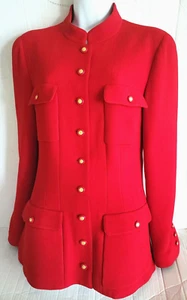 AUTHENTIC 96A VINTAGE CHANEL WOOL RED MILITARY JACKET CC LOGO BUTTONS 44 - Picture 1 of 12