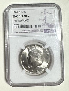 1981-D Kennedy Half Dollar NGC UNC DETAILS OBV DAMAGE  - Picture 1 of 2