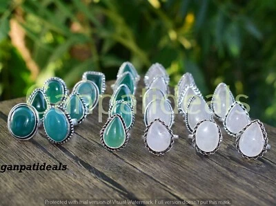 Anillos de piedras preciosas de ónix verde y cuarzo rosa lotes al por mayor joyas enchapadas en plata 925 Foto 1 de 4