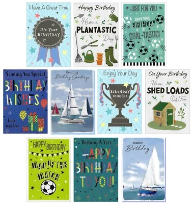 УПАКОВКА ИЗ 10 открыток на день рождения - мультипак в ассортименте - мужские мужские автомобиль лодка спортивная карта - Изображение 1 из 4