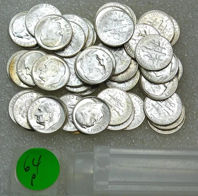 1964 Roosevelt Silver Dime Gem BU Original NÃO ESCOLHIDO Rolo de 50 moedas #V205Z - Imagem 1 de 2