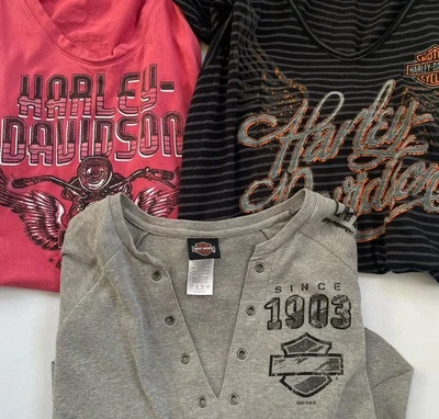 Lote de 3 camisas regata femininas Harley Davidson G/XL manga curta e longa - Imagem 1 de 4